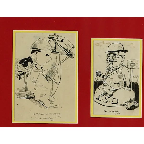 Two pen & ink drawings c1924 by George Bridgman (1864-1943) depicting: 1): The Winning Owner, The Aga Khan & 2): A Popular...