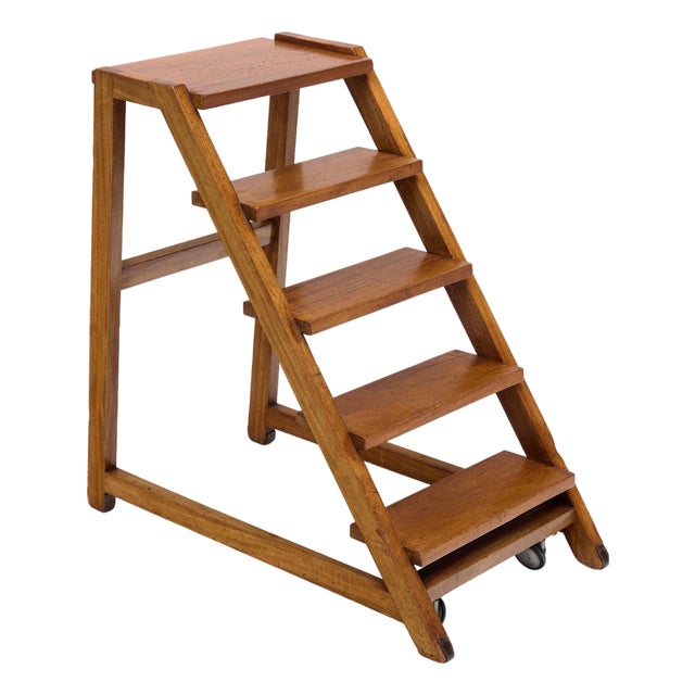 Art Deco Period French Oak Rolling Library Wooden Steps, Circa 1940 For Sale