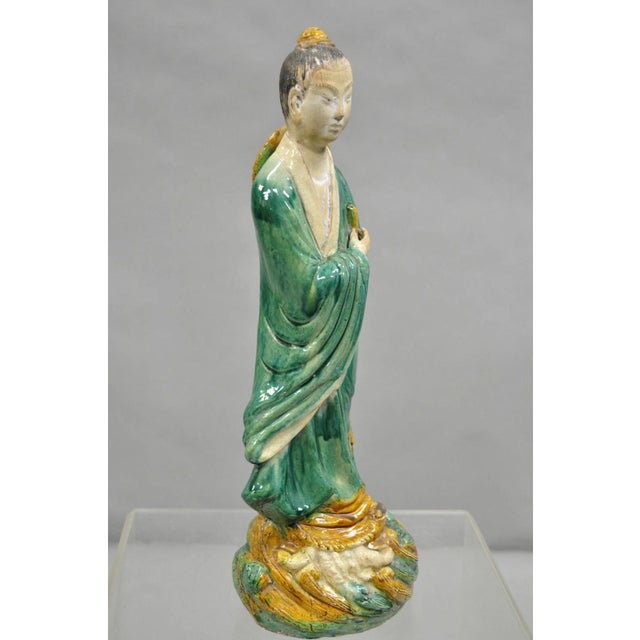 Late 19th Century Late 19th Century Antique Chinese Green Sancai Glazed Pottery 21" Guanyin Sculpture Figure For Sale - Image 5 of 12