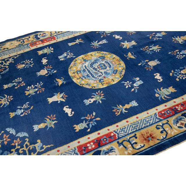 Textile 1920s Antique Peking Designed Chinese Wool Rug Handmade in Blue For Sale - Image 7 of 9