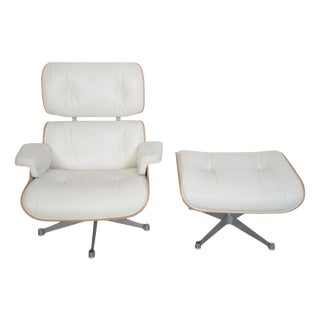 Set of Lounge Chair with Ottoman in White Leather by Charles Eames, 2010s For Sale