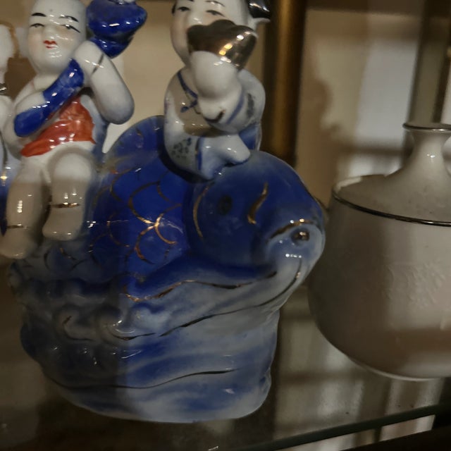 Blue and White Asian Children Ceramic Sculpture For Sale - Image 4 of 5