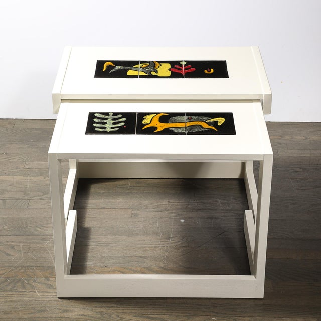Wood Pair of Documented Off White & Inset Tile Vladimir Kagan Nested Side Tables For Sale - Image 7 of 18