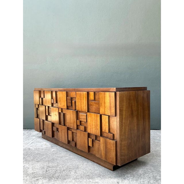Lane Furniture Vintage Lane Brutalist “Mosaics” Geometric Wood Credenza For Sale - Image 4 of 12