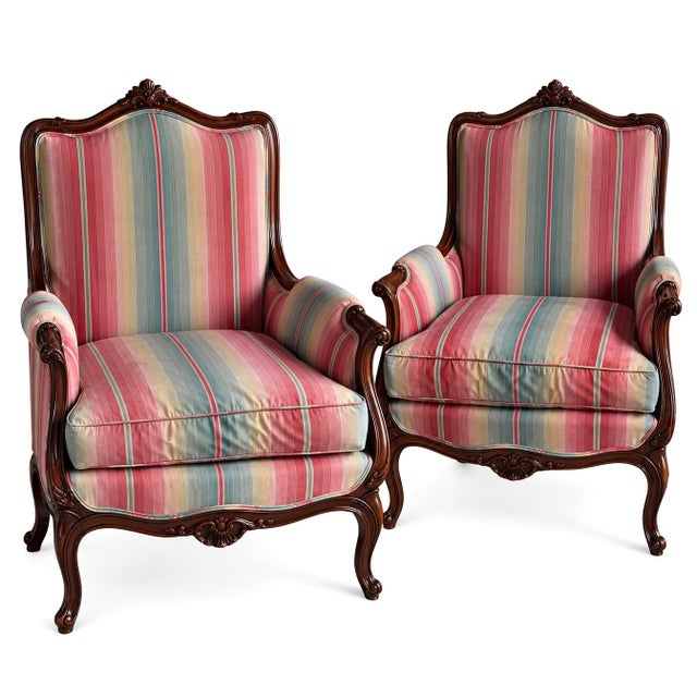 Mid-Century French Style Carved Mahogany Arm Chairs W/ Down Cushions - Pair For Sale In Atlanta - Image 6 of 8