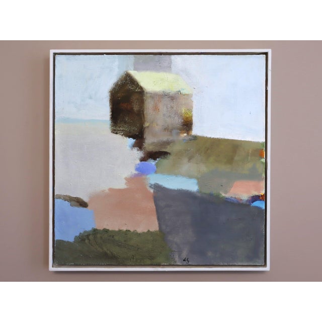 HOUSE ABOVE THE FIELDS Size: 20.9 x 20.9 inches (including frame) Oil on canvas A soothing mid-century abstract landscape...