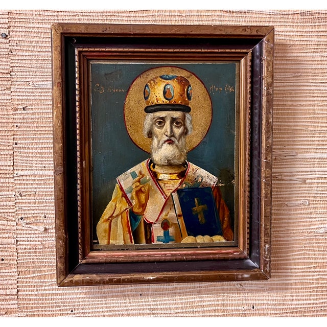 Portraiture Antique Oil Painting on Board - Russian Icon Portrait of Saint Nicholas Circa 1925 For Sale - Image 3 of 9