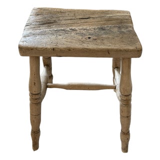 19th Century English Rustic Weathered Wooden Stool With Turned Legs For Sale
