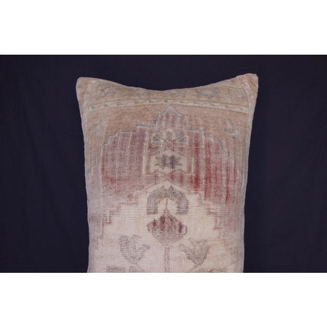 Mid 20th Century Faded Oushak Rug Pillow – Vintage Turkish Handwoven Lumbar Cushion -17'' X 37'' For Sale - Image 5 of 13