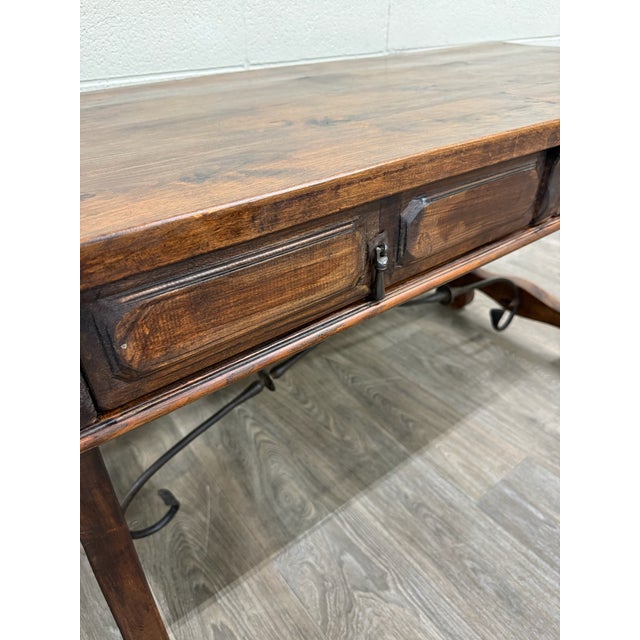 Late 20th Century Vintage Spanish Colonial Style Writing Desk Library Table For Sale - Image 5 of 18