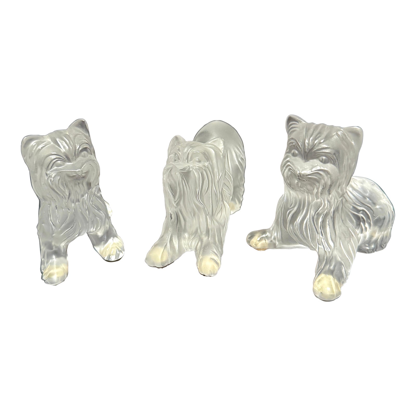 Set of Three Signed Lalique France Frosted Glass Yorkshire Terrier