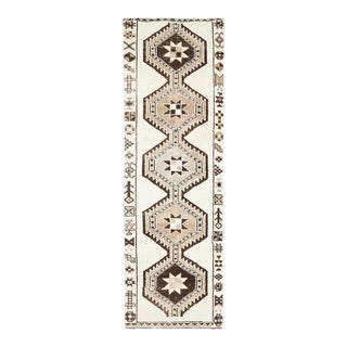 1970s Vintage Turkish Hand-Knotted Wool Cotton White Runner Rug For Sale