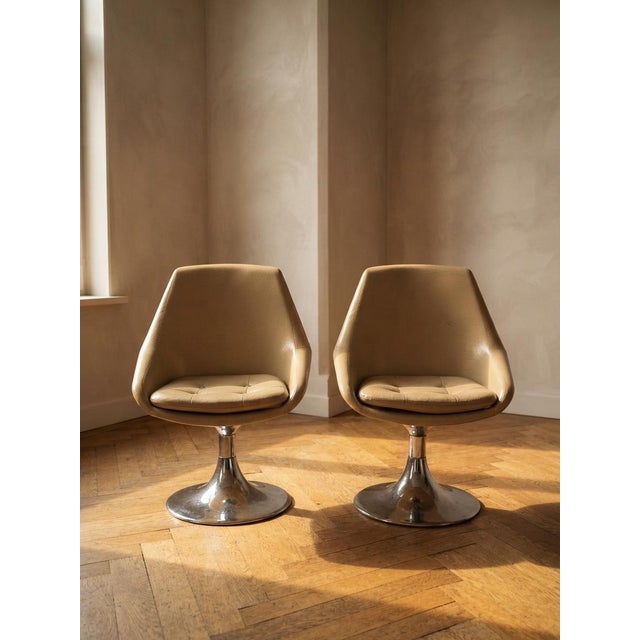 Beige Swivel Chairs with Chrome Pedestal Bases, France, 1970s, Set of 2 For Sale - Image 15 of 15