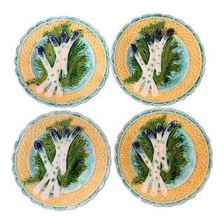 Antique French Barbotine Majolica Asparagus Plates, Circa 1880–1900 - Set of Four For Sale