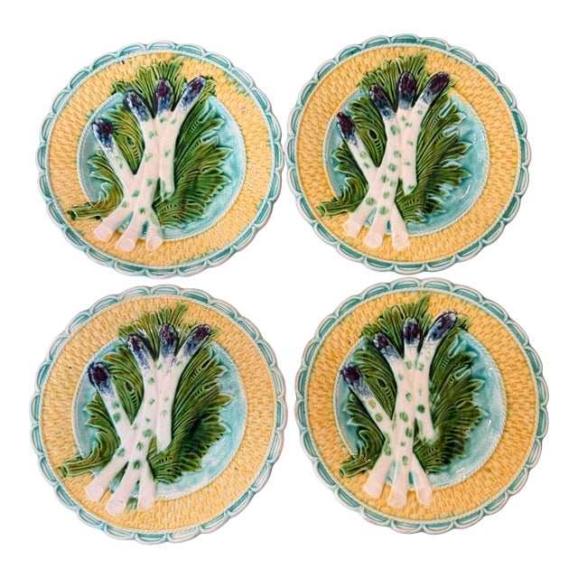 Antique French Barbotine Majolica Asparagus Plates, Circa 1880–1900 - Set of Four For Sale