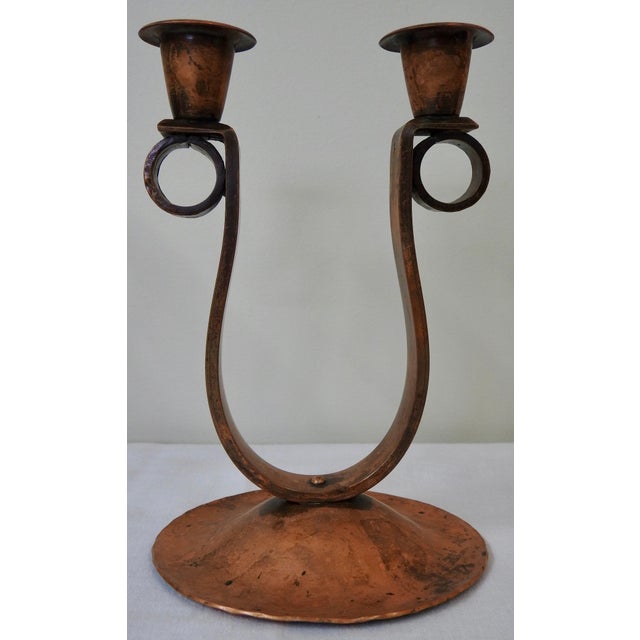 Copper Mid Century Handmade Hammered Copper Double Candlesticks - a Pair For Sale - Image 8 of 13