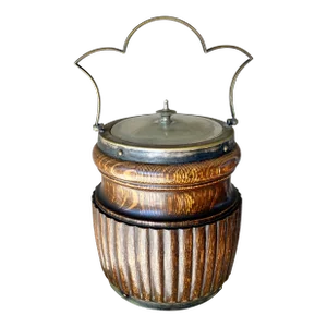 Early 20th-Century English Tiger Oak & Brass Hourglass Ribbed-Shape Biscuit Barrel