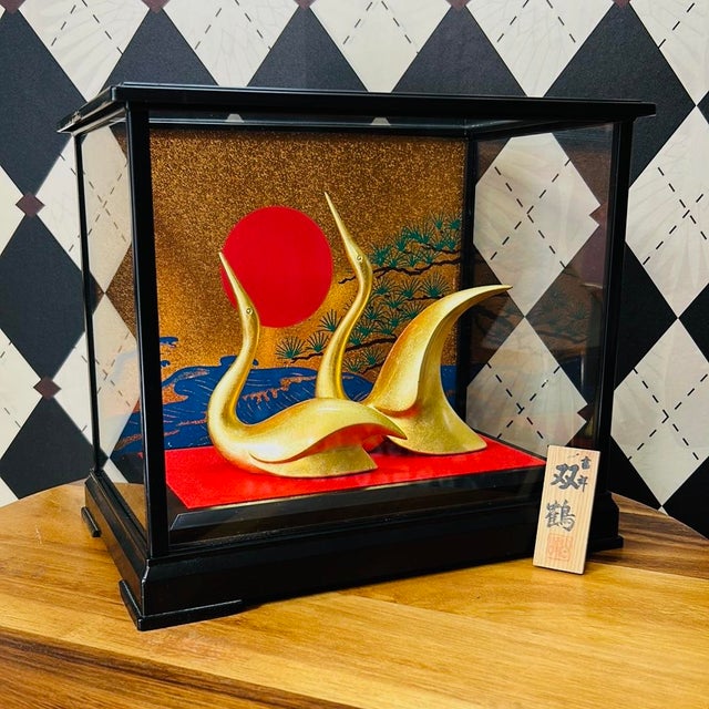 Wood Large Japanese Kanazawa Gold Leaf Twin Crane Sculpture in Glass Case Vintage For Sale - Image 7 of 13