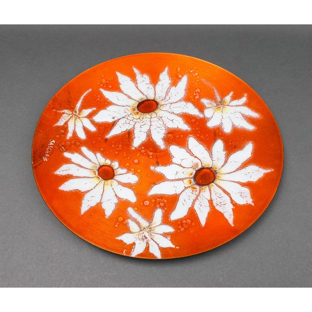 Sasha Brastoff Signed California Vintage Mid Century Modern Floral Daisies Enamel On Copper Hanging Plate. Measures...