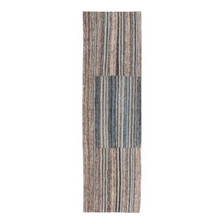 Modern Tribal Kilim Runner in Denim Blue, Brown, and Ivory Striped Design For Sale