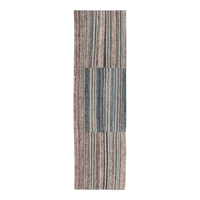 Modern Tribal Kilim Runner in Denim Blue, Brown, and Ivory Striped Design For Sale
