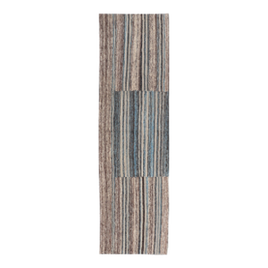 Modern Tribal Kilim Runner in Denim Blue, Brown, and Ivory Striped Design