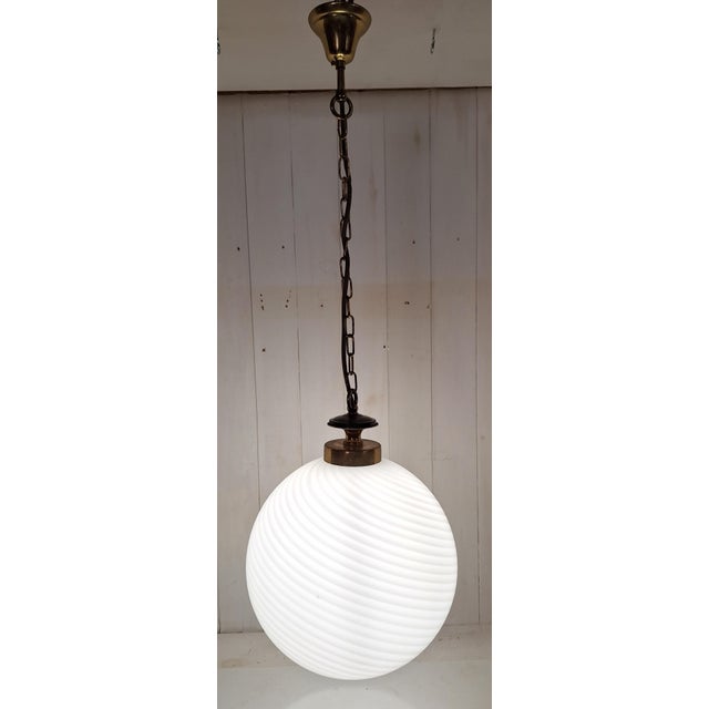 Vintage Italian Pendant Lamp with White Patterned Glass Shade, 1980s For Sale - Image 9 of 9