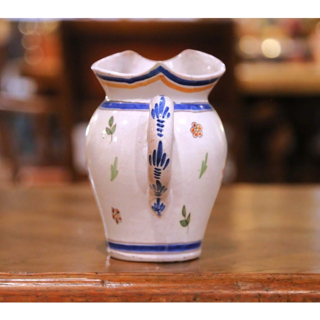 Pair of 19th Century French Quimper Faience Jugs With Breton Figures and Floral For Sale - Image 10 of 13