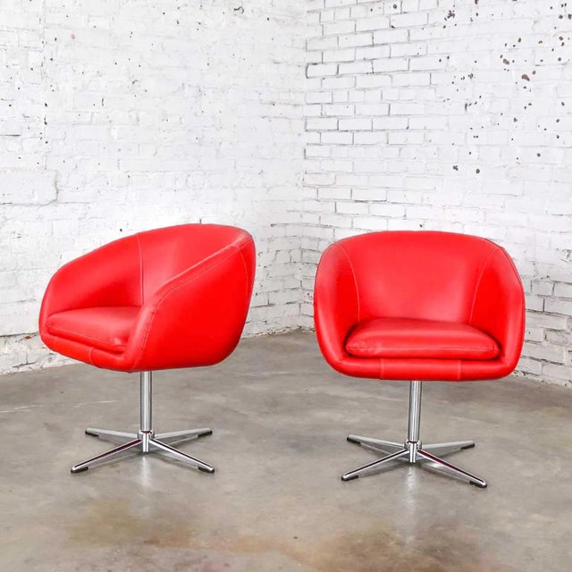 Late 20th Century MCM Swivel Bucket Chairs New Red Vinyl Faux Leather & Chrome X Base by Shelby Williams For Sale - Image 13 of 13