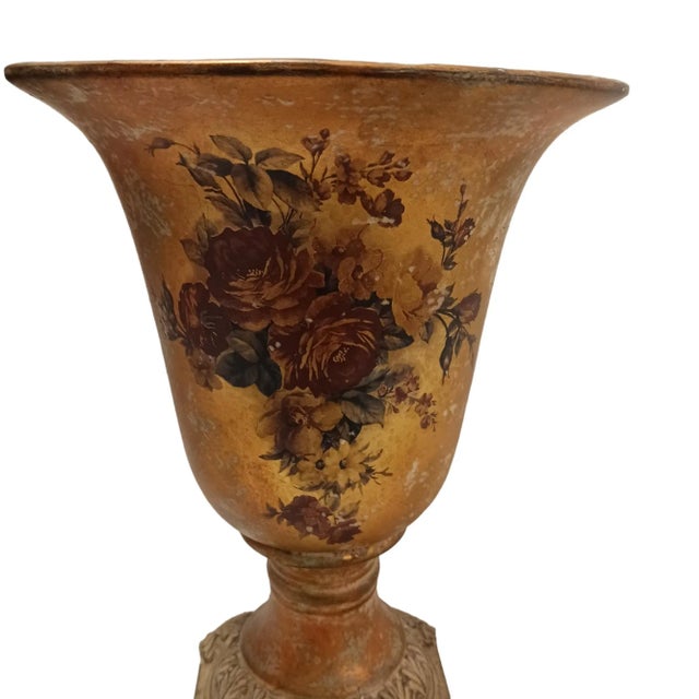 French 90s Ceramic Flower Vase Rose Painted Urn Tabletop Pedastle Golden Brown For Sale - Image 3 of 11