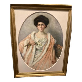 1900s Oil Painting Portrait of a Lady With a Daffodil on Canvas Signed C. Noebel For Sale