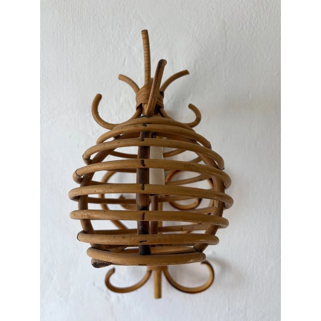Midcentury Rattan Bamboo Lantern Pair Louis Sognot Style Italy 1960 For Sale - Image 6 of 11