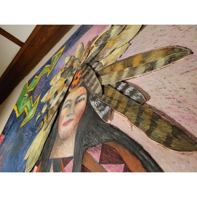 Large statement painting by New Mexico artist Patricia Wyatt. Utilizes both pigment and paper cutout to make the painting...