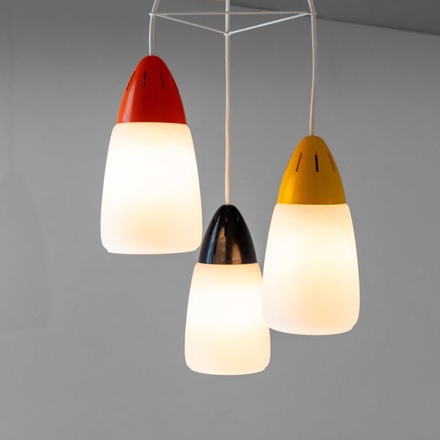 Italian Modern Three-Light Pendant Light in Opaline Glass and Iron, 1970s For Sale - Image 6 of 13