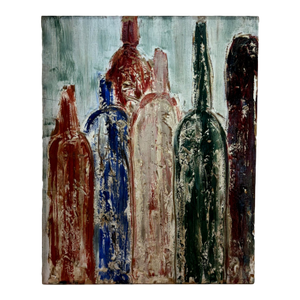 Vintage Mid Century Textured Abstract Oil Painting on Board Wine Bottle Composition