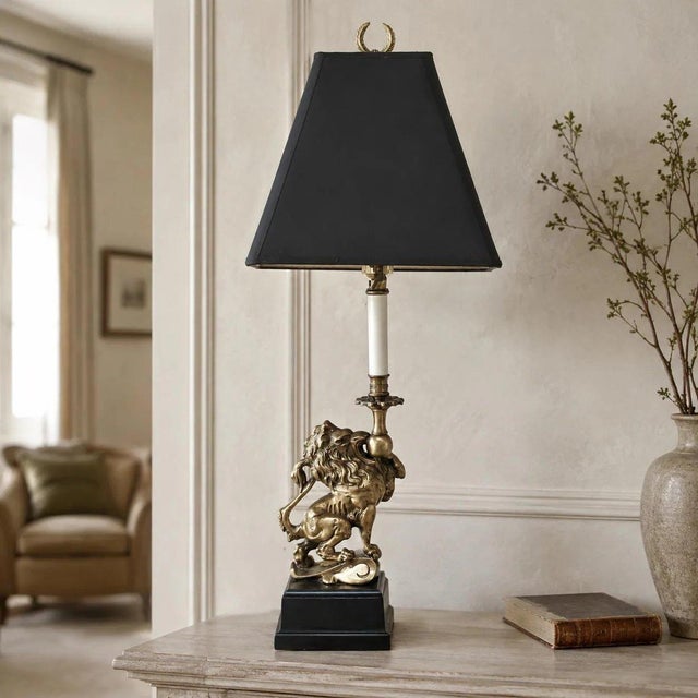 20th Century Brass-Tone Lion Table Lamp, Neoclassical Black Shade, 28.5 Inch For Sale - Image 13 of 18