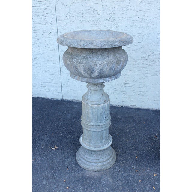 Vintage Pair Of Carved Granite Three Piece Garden Urns On Pedestals For Sale - Image 14 of 18