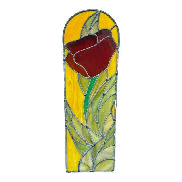 Circa 1978 Gene LeLonde Red Tulip Stained Glass Panel For Sale