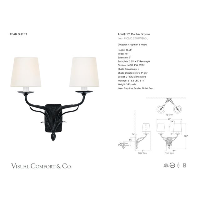 2020s Chapman & Myers for Visual Comfort Signature Amalfi 15" Double Sconce in Waxed Black with Linen Shades For Sale - Image 5 of 15