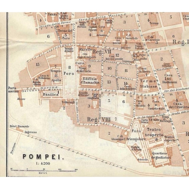 1910s fold out map of Pompei from an Italian travel atlas. Sections of the map printed on the back. Combined shipping...