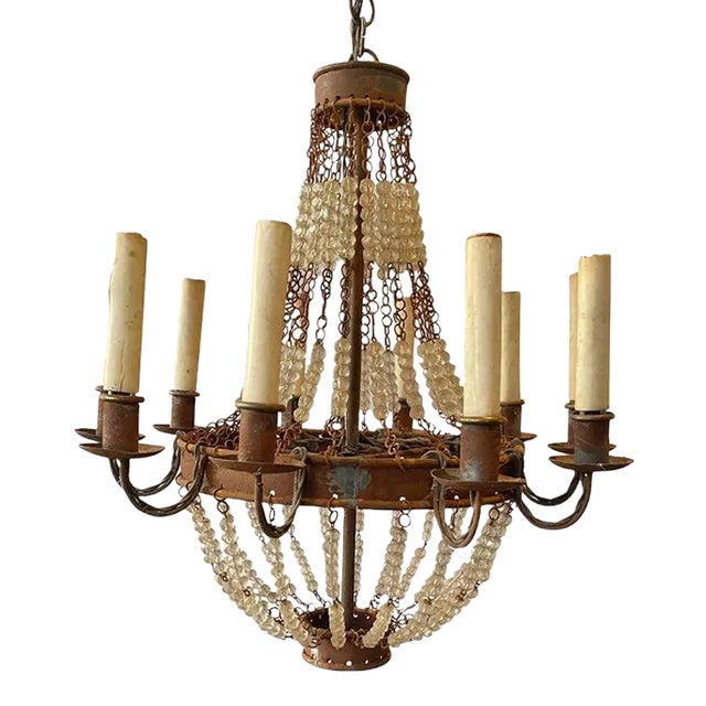 1970s French Style Beaded Rusted Metal Chandelier For Sale