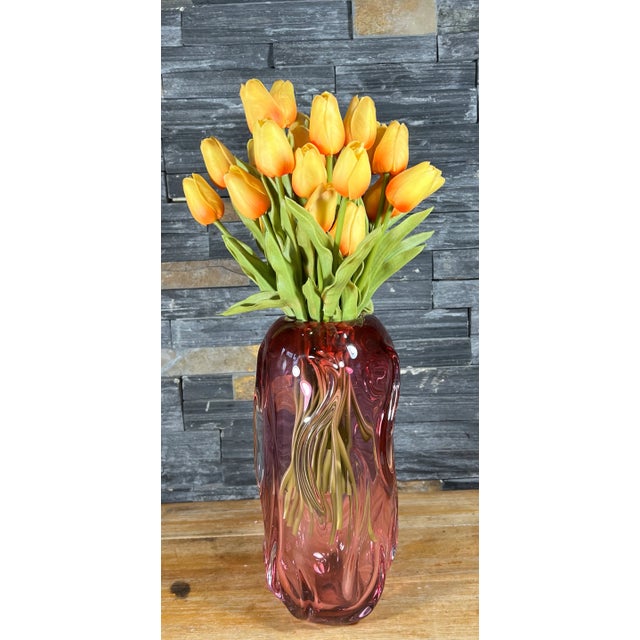 Contemporary Pink Art Glass Vase With Textured Swirls For Sale - Image 3 of 12