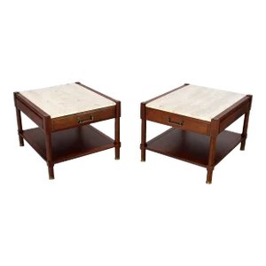 Pair of Travertine Tops One Drawer Oiled Walnut End Side Tables