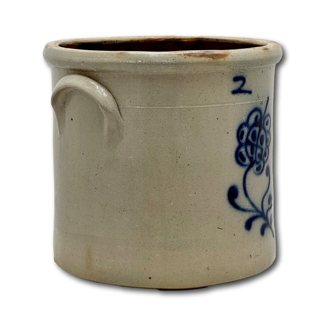 Ceramic Antique American 2 Gallon Stoneware Storage Crock With Beautiful Hand Decorated Blue Flower Design Circa Mid 1800s For Sale - Image 7 of 18