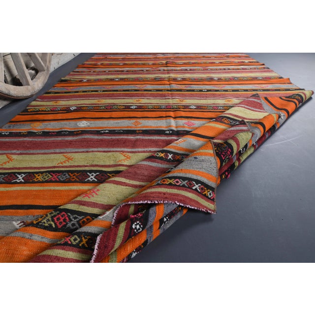 Orange Vintage Turkish Oushak Handmade Cotton Orange Wool Kilim Area Rug For Sale - Image 8 of 10