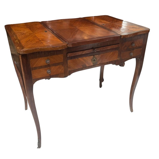 Antique French Louis XVI Style Pondreuse Vanity Dressing Table. It includes an original working key. Knee hole 20.5...
