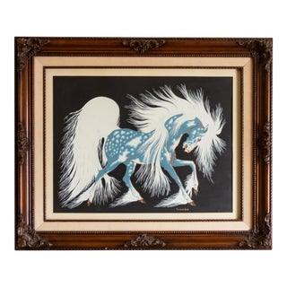 Woody Crumbo Blue Spirit Horse Serigraph Print | Framed in Glass For Sale