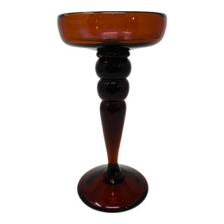 Vintage Mid-Century Modern Amber Glass Compote Dish | Italian Empoli Style Pedestal Candle Holder | MCM Home Decor | Blown Glass Centerpiece For Sale