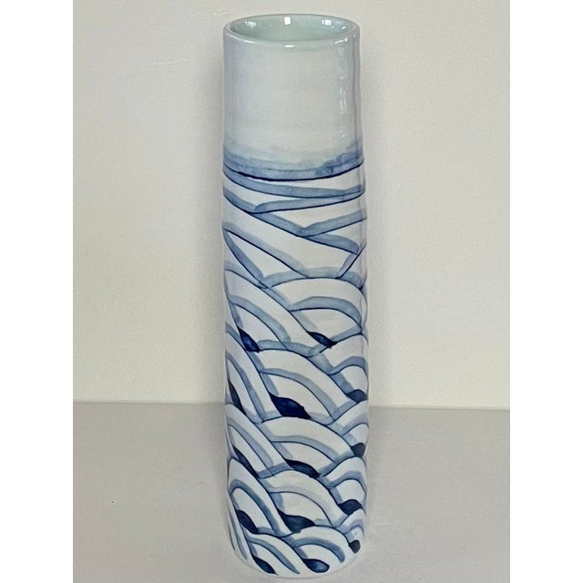 Modern Vintage Gump's Blue & White Tall Ceramic Vase For Sale - Image 3 of 9