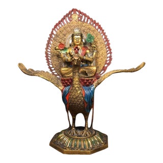 Vintage Gilt Bronze Sculpture of Mahamayuri Peacock King With Removable Deity Figure For Sale